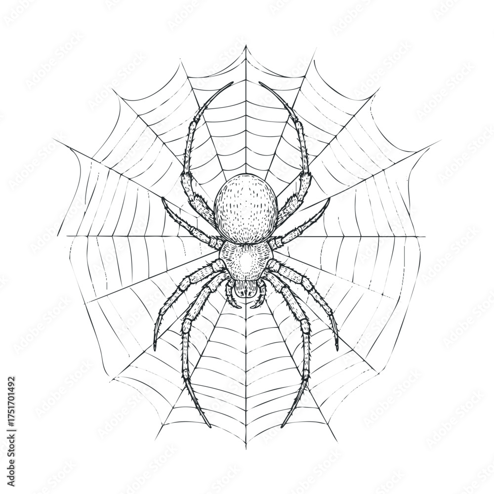 Obraz premium Detailed sketch of a spider in its intricate web design. Vector hand drawn illustration
