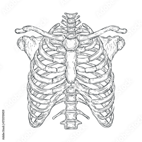 Detailed anatomical drawing of human rib cage and spine structure. Vector hand drawn illustration