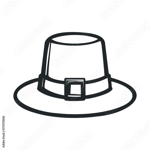 Traditional pilgrim hat for Thanksgiving celebration and decoration. Vector line illustration