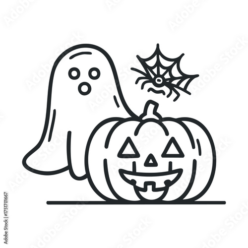 Halloween ghost and pumpkin design for festive decor. Vector line illustration