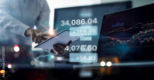 Fototapeta Businessman and broker analyzing profit of investment and stock market growth performance forecast and financial growth of business, Investor and stock exchange trading