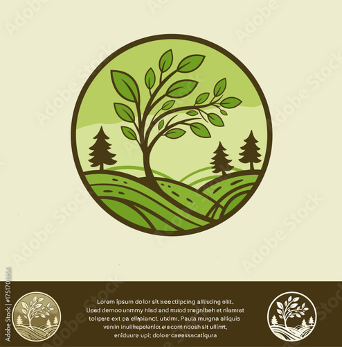 A hand-drawn circular emblem showcasing a flourishing tree on rolling green hills, a symbol of environmental harmony and natural growth