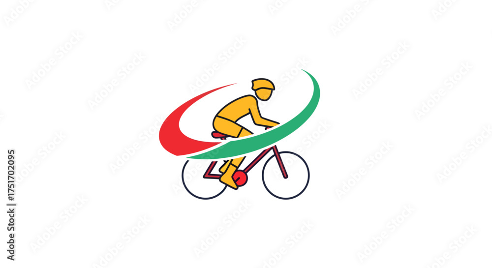 Fototapeta premium A graphic logo of a cyclist in motion with red and green swooshes on a white background.
