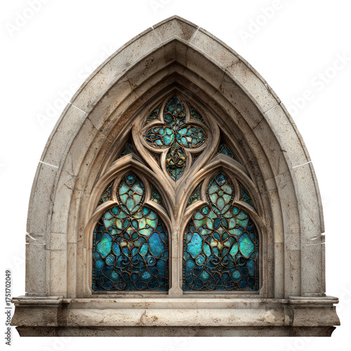 Beautiful stained glass window in Gothic architectural style, isolated on transparent cutout background