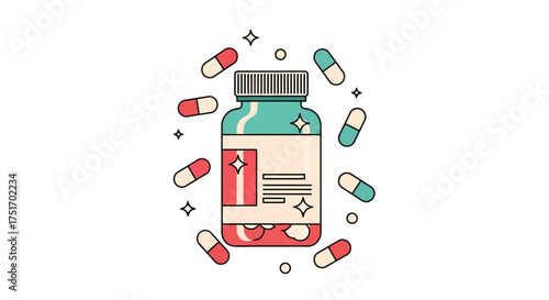 A stylized illustration of a medicine bottle surrounded by red and teal capsules on a white background.