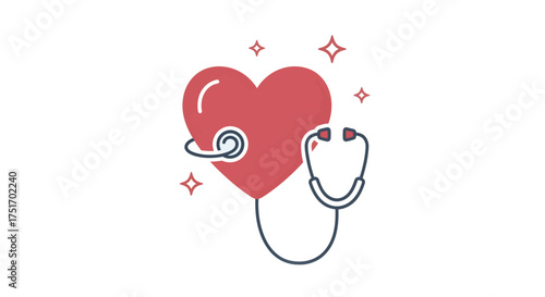 A stylized illustration of a red heart with a stethoscope wrapped around it, symbolizing health and medical care.