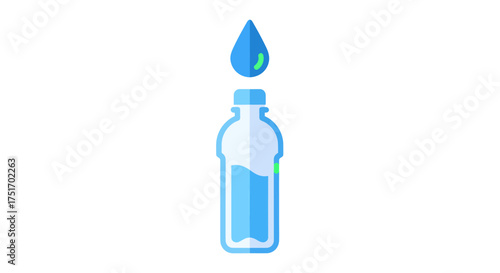 A blue water drop falling into an open, partially filled plastic water bottle on a white background.