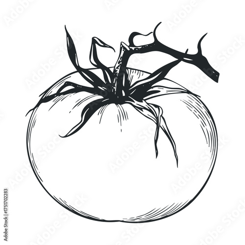 Fresh tomato with green leaves for culinary uses and designs. Vector hand drawn illustration