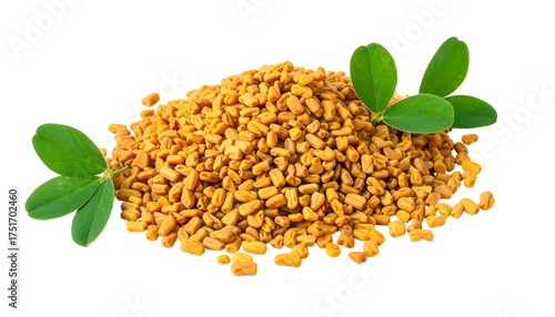 Spices and fresh leaves form a small mound on black background