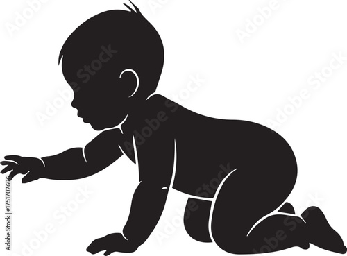 Adorable silhouette of a baby crawling forward on a soft yellow background silhouette