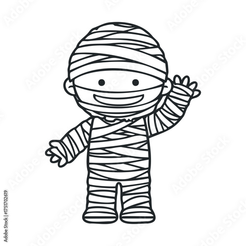 Cheerful mummy waving joyfully for Halloween fun. Vector line illustration