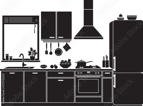 Modern kitchen silhouette with appliances cabinets sink stove fridge window and hood silhouette