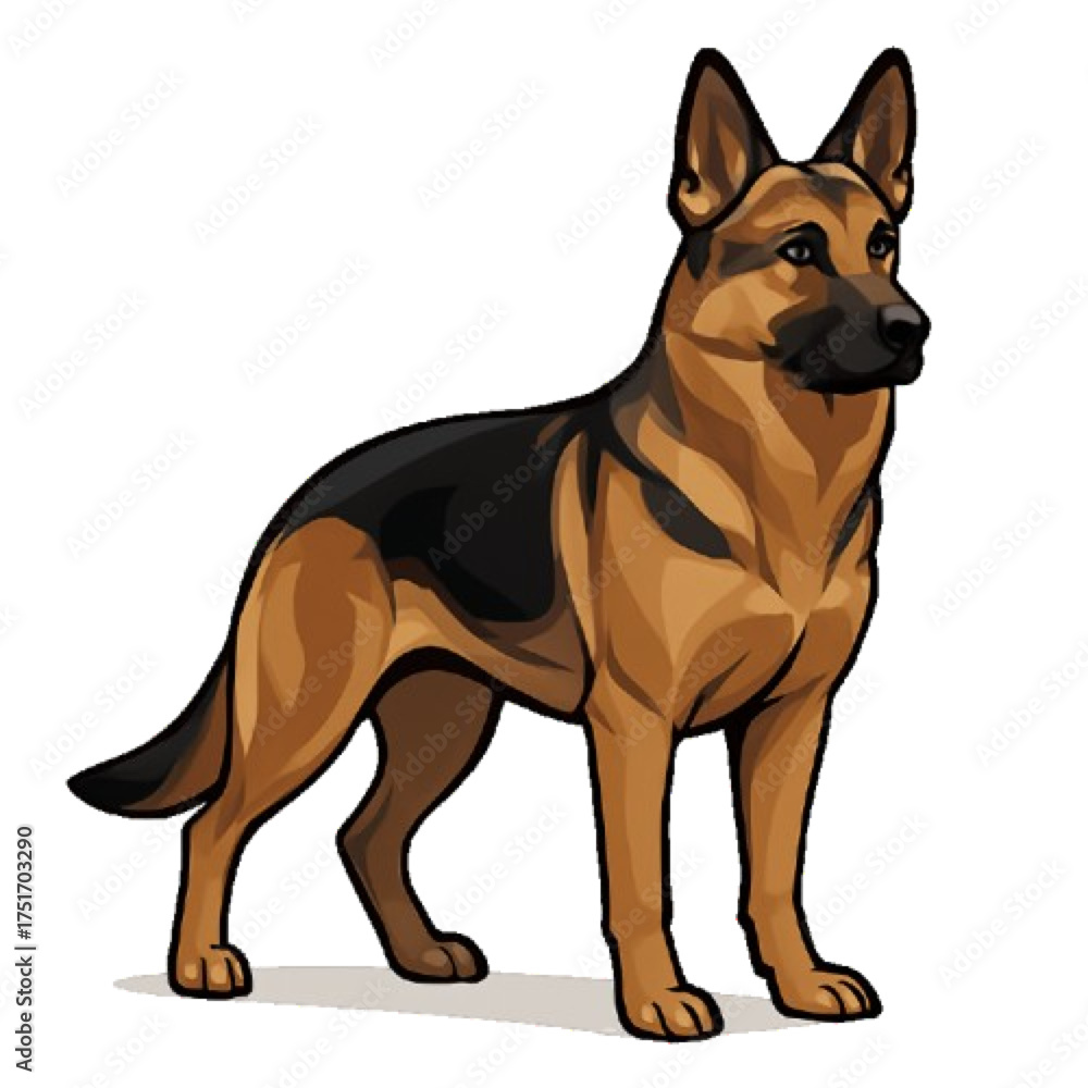 Fototapeta premium German Shepherd Dog Illustration – Detailed Black and Tan Breed Art on White Background