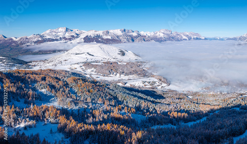 Aerial view of Puy de Manse in the Champsaur Valley, French Alps. Snow and larch forest in late autumn, early winter with Devoluy Massif mountains in the distance, Hautes-Alpes, France