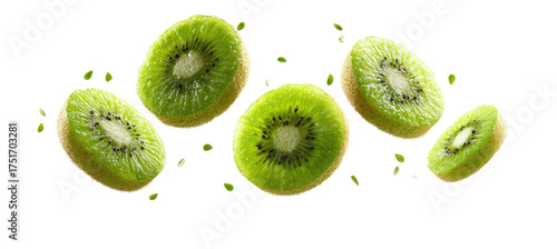 Sliced kiwi fruits in mid-air
