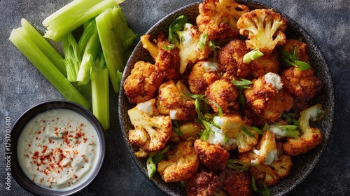 Vegan dish Flat lay of crispy cauliflower wings with vegan ranch celery sticks and a sprinkle of paprika