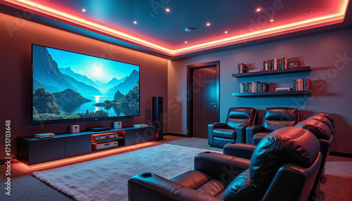 Modern home theater with ambient lighting and scenic artwork on wall  