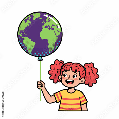 Smiling girl holding Earth globe balloon for environmental care and planet protection