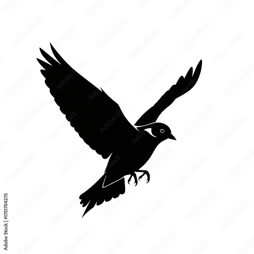 Obraz premium Black vector silhouette of a flying pigeon or dove isolated on white background, perfect for a tattoo or icon showing bird wings in flight
