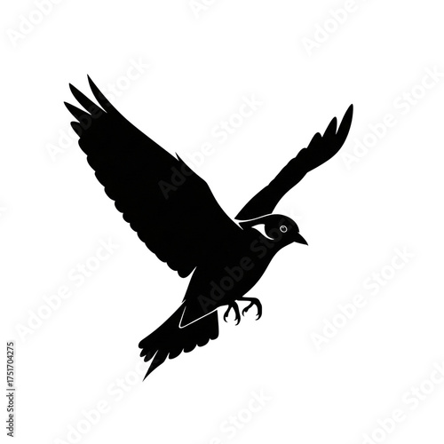 Black vector silhouette of a flying pigeon or dove isolated on white background, perfect for a tattoo or icon showing bird wings in flight