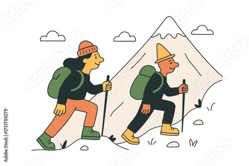 Cartoon illustration of two hikers climbing a mountain with backpacks and trekking poles, symbolizing adventure and outdoor exploration.