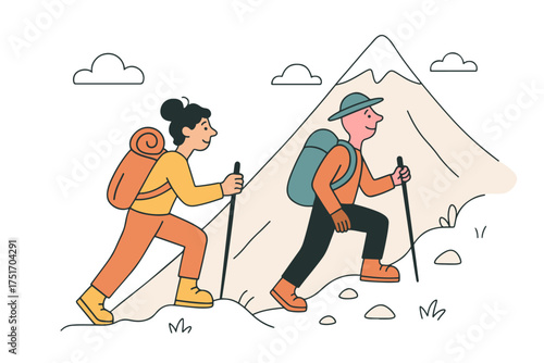 Cartoon illustration of two hikers climbing a mountain with backpacks and trekking poles, symbolizing adventure and outdoor exploration.
