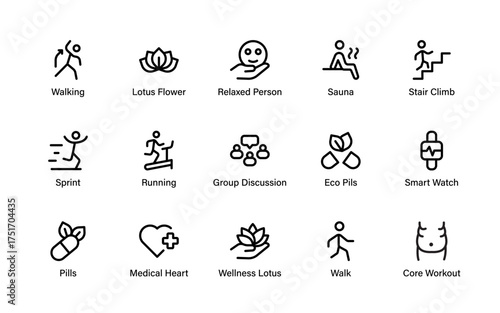 Modern fitness and wellness icon set featuring health, yoga, running, smartwatch, medical, and relaxation symbols for active lifestyle design.