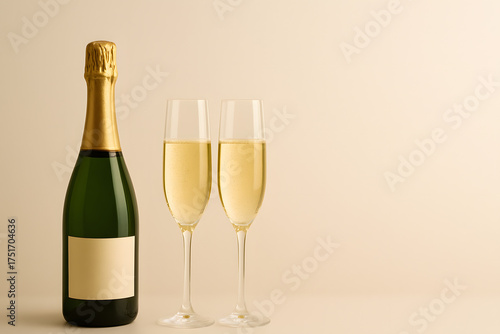 Wallpaper Mural Champagne bottle and two flutes on elegant beige background Torontodigital.ca
