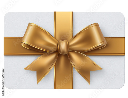 Gift card with gold ribbon and bow.  A rectangular white gift card is presented, adorned with a golden ribbon and bow.  Realistic 3D rendering