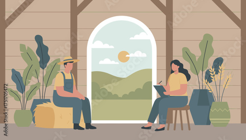 Farmer and consultant discuss rural business in a barn overlooking a peaceful landscape