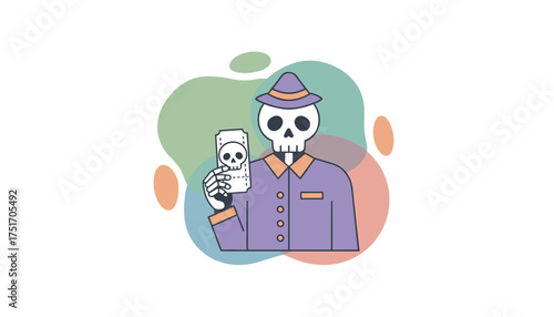 Stylish skeleton in a hat holding a ticket perfect for Halloween or spooky event promotions