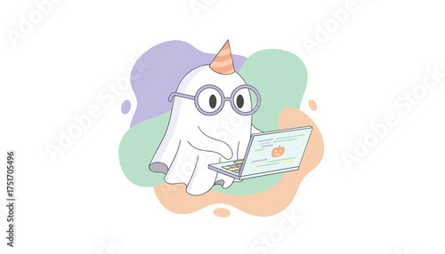 Cute ghost in party hat and glasses using laptop with Halloween pumpkin on screen tech fun