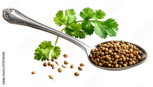 Cilantro seeds, leaves on silver spoon, isolated close-up shot