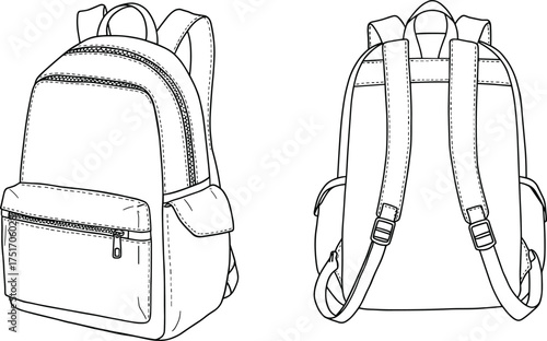 Black and white line drawing of a backpack front and back views rucksack school bag