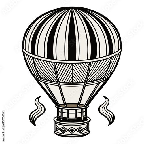 Vintage Hot Air Balloon Illustration — Detailed Engraved Basket and Burner Drawing.