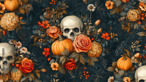 Autumnal skull and floral pattern, decorative background, potential for wallpaper or fabric