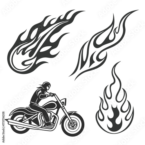 black-and-white clip showing bold flame motifs and motorcycle imagery: two stylized flame patterns (top left and top right), a flame-shaped emblem (bottom right), and a cruiser-style motorcycle rider 