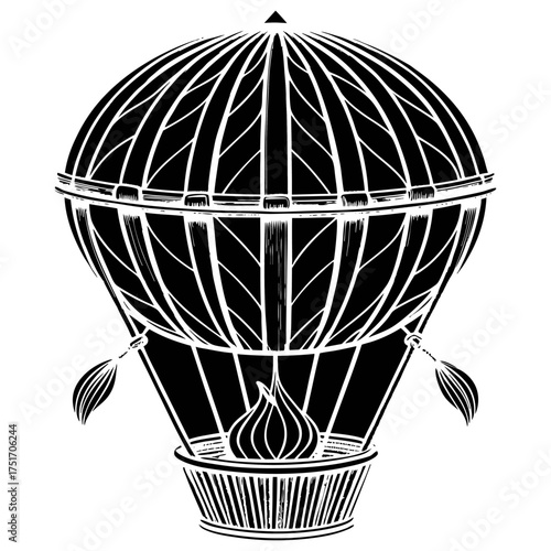Vintage Hot Air Balloon Illustration — Detailed Engraved Basket and Burner Drawing.