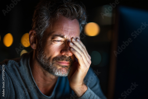 Exhausted man working at night rubbing his eyes due to computer fatigue and screen overuse