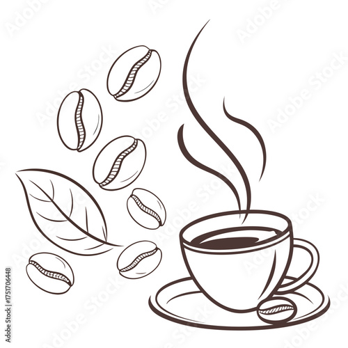 A steaming cup of coffee on a saucer with falling coffee beans and a coffee leaf depicted in a simple line art style