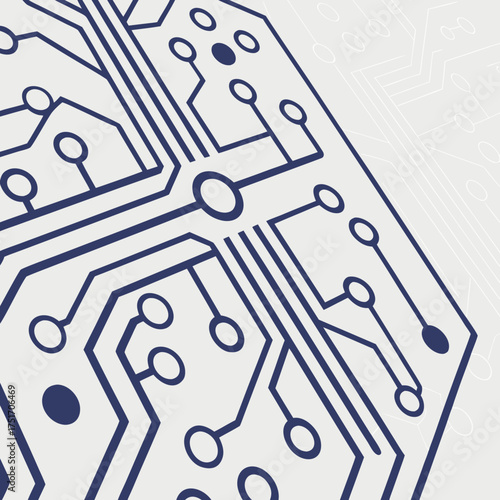 Abstract close up of a blue circuit board pattern with interconnected lines and circular nodes on a light gray background representing technology and data flow