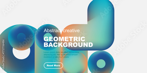 Abstract geometric background features vibrant blue, teal gradients. Text promotes content with read more button. Clean design, modern aesthetic.