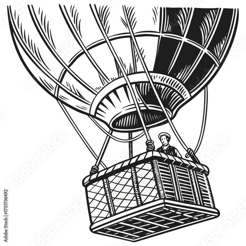 Vintage Hot Air Balloon Illustration — Detailed Engraved Basket and Burner Drawing.