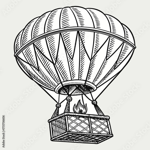 Vintage Hot Air Balloon Illustration — Detailed Engraved Basket and Burner Drawing.