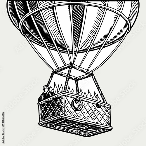 Vintage Hot Air Balloon Illustration — Detailed Engraved Basket and Burner Drawing.
