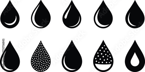 Black and white water droplet icon collection, minimalist drop shapes set for design, logo, rain, liquid, and vector illustration