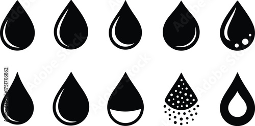 Black and white water droplet icon collection, minimalist drop shapes set for design, logo, rain, liquid, and vector illustration