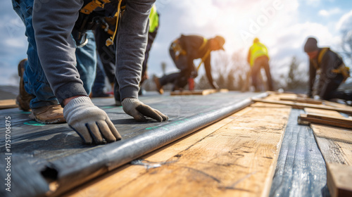 Team of construction workers installing roofing underlayment on a building during daylight