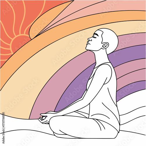 Serene bald woman meditating in lotus pose against a vibrant abstract rainbow and sun background symbolizing peace and enlightenment