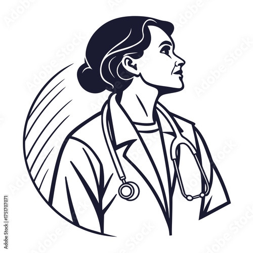 Stylized illustration of a female doctor in profile wearing a lab coat and stethoscope looking forward with determination and hope symbolizing healthcare and medical expertise